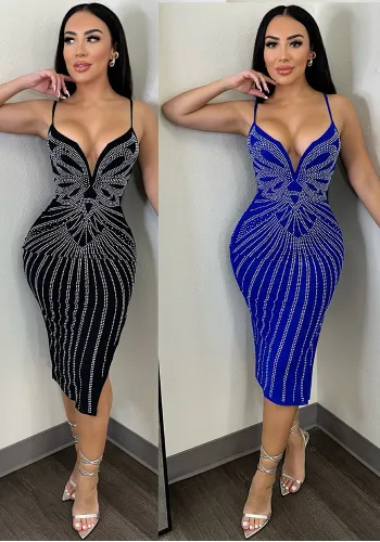 Sexy Plunge Neck Rhinestone Cami Bodycon Split Dress