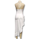 Sexy White Halter Neck Flower Ruffle Irregular Slit Dress
