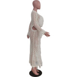 Knitting Hollow Out Full Sleeve Tassel Long Beach Dress