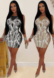 Solid Mesh Rhinestone Sleeveless Mini Dress