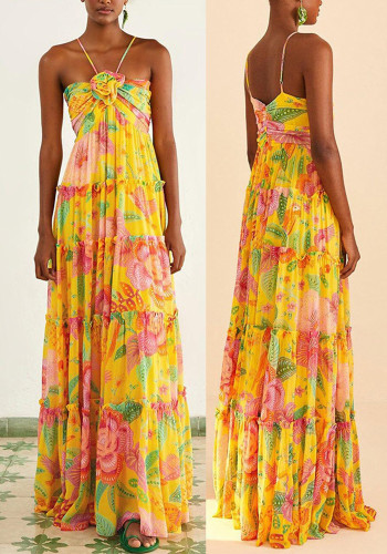 Casual Cami Print Floral Layered Loose Maxi Dress