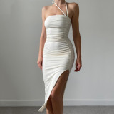 Wholesale Sexy Drawstring Halter Cami Slit Pleated Bodycon Dress
