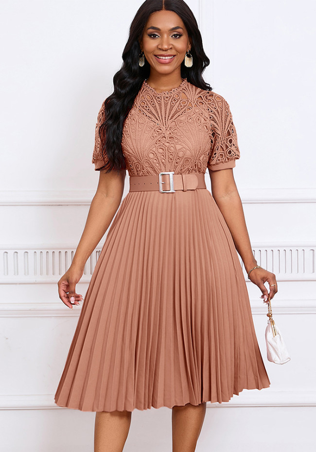 Short Sleeve Lace Bodice Pleated African Dress