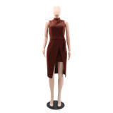 Round Neck Solid Sleeveless Mock Neck Belted Office Dress