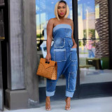 Denim Cargo Multi-Pocket Patchwork Strapless Loose Jumpsuit