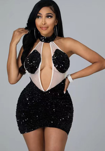Sexy Mesh Sequin Halter Backless Bodycon Nightclub Dress