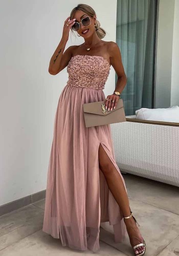 Strapless Slit Party Dress Flower Bodice Maxi Dress