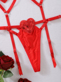 Sexy Lingerie Red Sequin Heart Shape Hollow Garter Three-Piece Bra Thong Set
