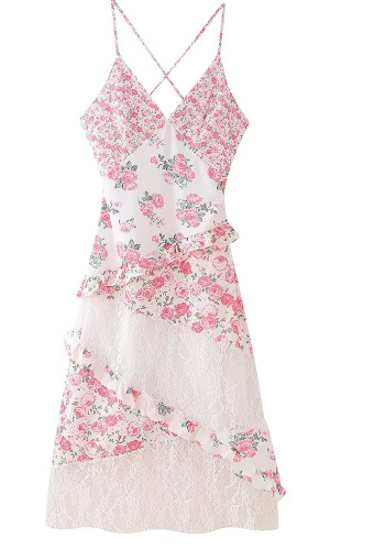 Floral Print Lace Patchwork Cami Ruffle Long Dress
