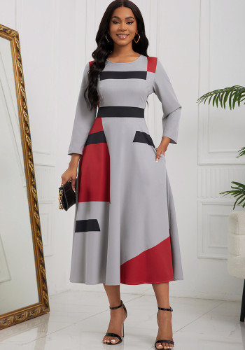Plus Size 3/4 Sleeve Round Neck Printed Patchwork A-Line Maxi Dress