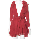 Solid Plunge Neck Chiffon Sleeveless Lace-Up Backless Mini Dress