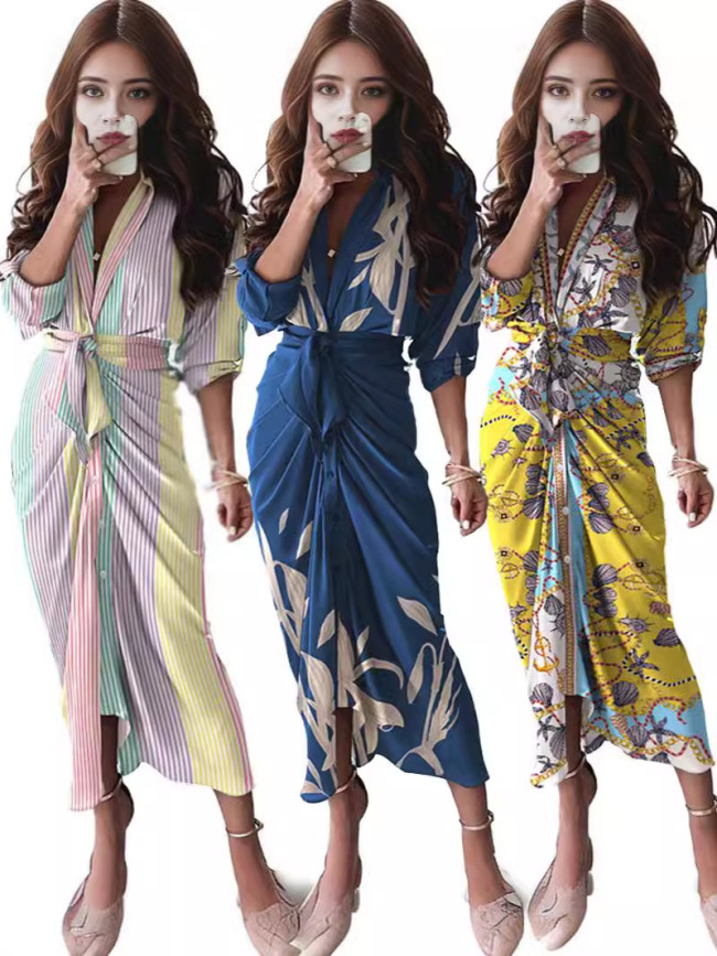 Fashion Casual Printed Tie Midi Waist Shirt Dress