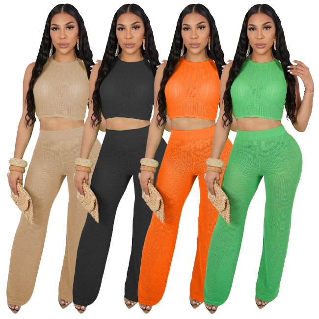 Hollow Knitting Sleeveless Crop Top Two Piece Pants Set
