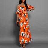 Resort Sexy Off Shoulder Pleated Printed Maxi Dress