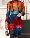 Printed Mesh Long Sleeve Dress with Black Cami Crop top + Skirt Three Piece Set