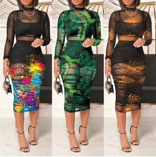 Printed Mesh Long Sleeve Dress with Black Cami Crop top + Skirt Three Piece Set