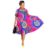 Printed V-Neck Zip Up Short Sleeve Plus Size Loose Dress