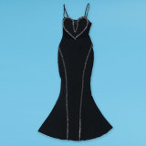 Sexy Rhinestone See-Through Mesh Patchwork Ruffle Cami Long Party Dress