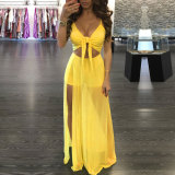 Cami Mesh Patchwork Tie Front Cut Out Sexy Long Dress