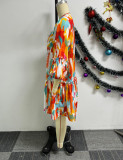 Sexy Printed Ruffle V-Neck Balloon Sleeve Loose Dress