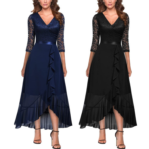 Lace Patchwork Half-Sleeve V-Neck Ruffles Chiffon Dress