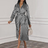 Plus Size Striped Turndown Collar Long Sleeve Slit Shirt Dress