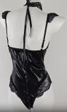 Sexy Lace Trim PU Leather Straps Lace-Up Teddy Lingerie with Choker