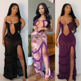 Cami Ruffle Sleeveless Hollow See Through Mesh Slit Maxi Dress