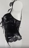 Sexy Lace Trim PU Leather Straps Lace-Up Teddy Lingerie with Choker