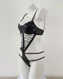 Patent PU Leather One-piece Halter Neck Hollow Sexy Bodysuit Lingerie