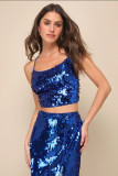 Sequin Lace Up Trap Top Long Skirt Sexy Party Two Piece Set