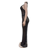 Solid Sequin Embellished See Through Mesh Halter Sexy Maxi Dress