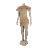 Sexy Sequin Feather Off Shoulder Ruched Party Bodycon Dress