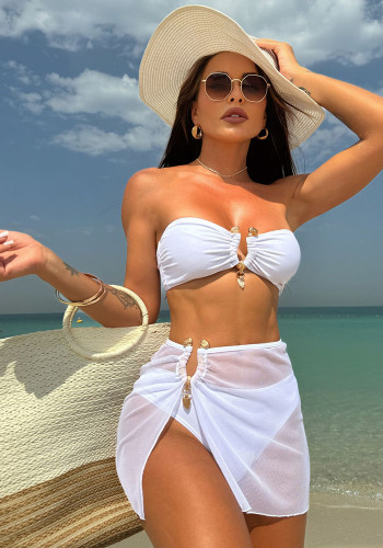 Sexy Solid Strapless Three-piece Swimwear Bikini Set with Mesh Skirt Cover-up