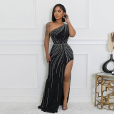 Sexy Slash Shoulder Rhinestone Slit Maxi Dress
