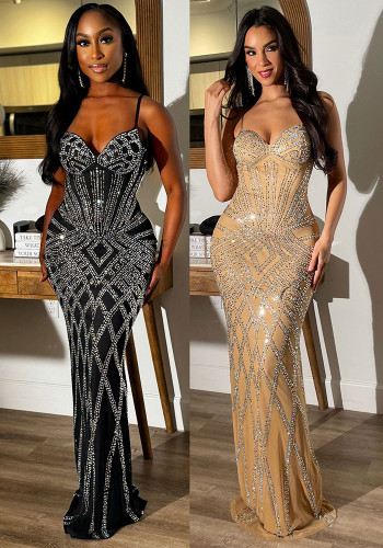 Rhinestone Cami Stretchy Bodycon Maxi Dress