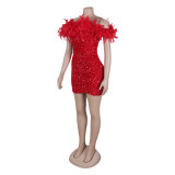 Sexy Sequin Feather Off Shoulder Ruched Party Bodycon Dress