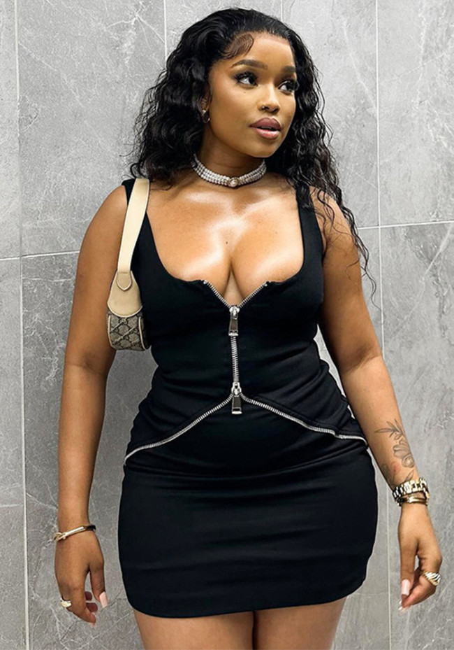 Solid Zipped U-neck Sleeveless Sexy Bodycon Dress