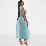 Plus Size Turndown Collar Sleeveless Button Down Belted Denim Long Dress