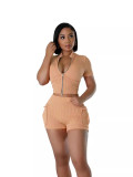 Sexy Solid Short Sleeve Zipper Two Piece Pockets Shorts Set