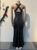 Sexy Rhienstone V-Neck Sleeveless Slim Stretchy Maxi Dress