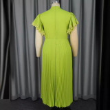 Green High Waist A-Line Short Sleeve Pleated Midi Dress
