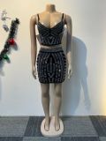 Rhinestone Stretchy Cami Crop Top Bodycon Mini Skirt 2 Piece Set