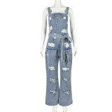 Stylish Sexy Straps Ripped Washed Denim Jumpsuit