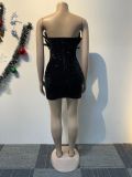 Sexy Sequin V Neck Strapless Feather Party Bodycon dress