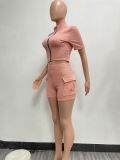 Sexy Solid Short Sleeve Zipper Two Piece Pockets Shorts Set