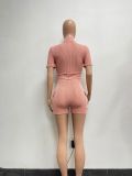 Sexy Solid Short Sleeve Zipper Two Piece Pockets Shorts Set