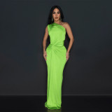 Solid Color Slash Shoulder Twisted Sleeveless Bodycon Maxi Dress