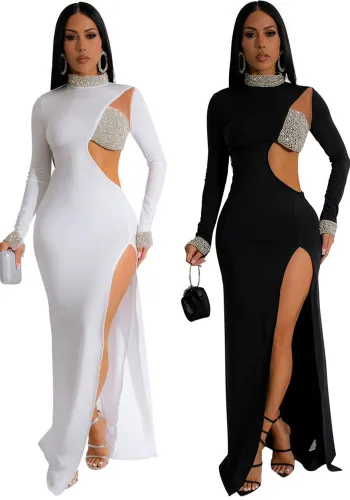 Rhinestone Long Sleeve Cut Out Mock Neck High Slit Evening Dress