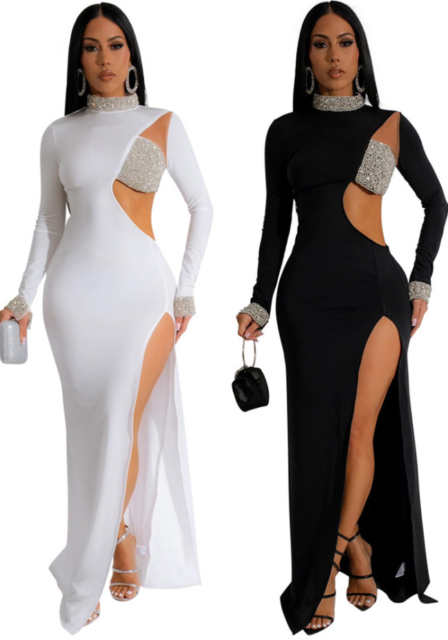 Rhinestone Long Sleeve Cut Out Mock Neck High Slit Evening Dress